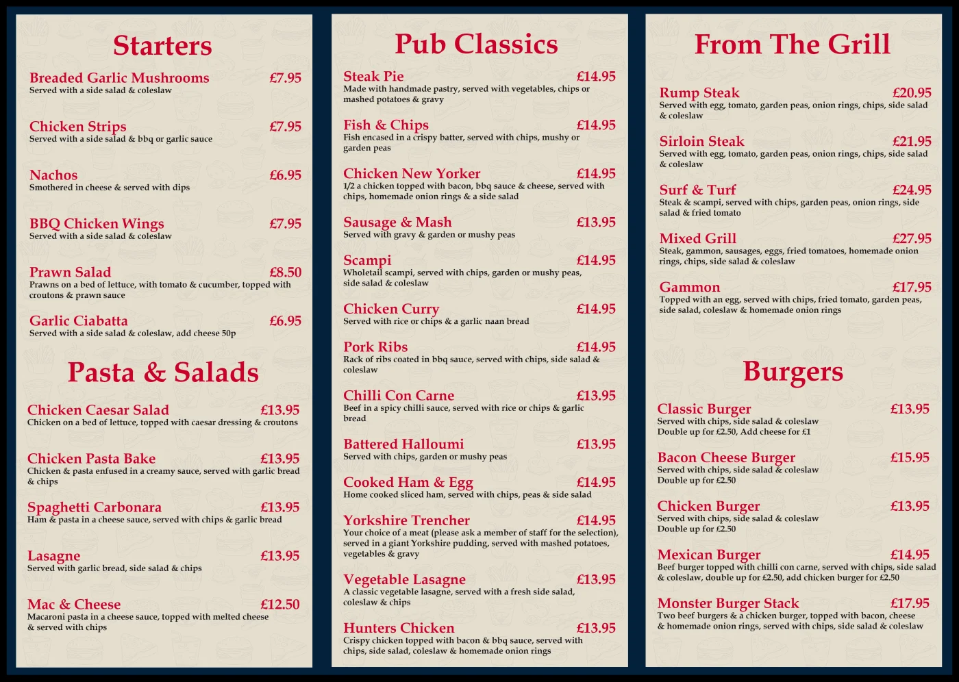 Inside page of The Bull Inn food menu; open the large version to read the document