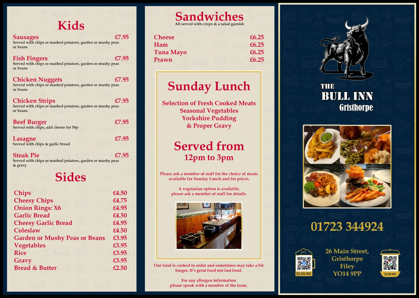 Outside page of The Bull Inn food menu; open the large version to read the document